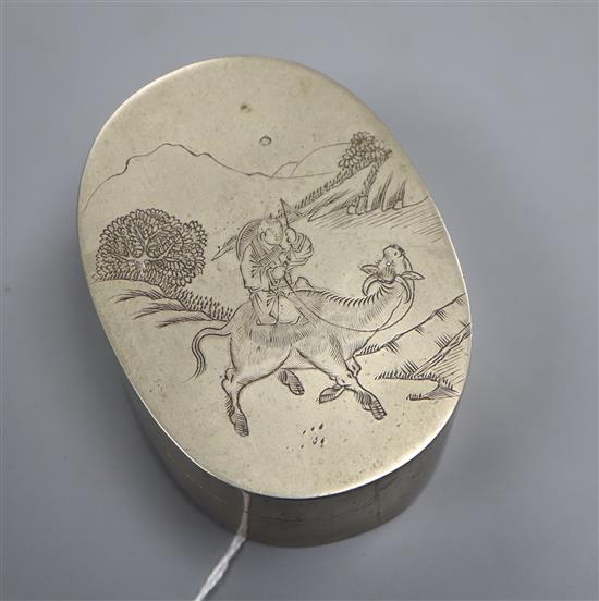 An early 20th century Chinese Paktong oval ink box